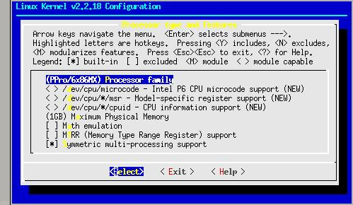 Submenu expandido en la configuraci�n del kernel 2.2.18