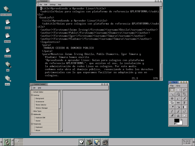 Escritorio Gnome con Terminal, Gimp y Centro de control Gnome