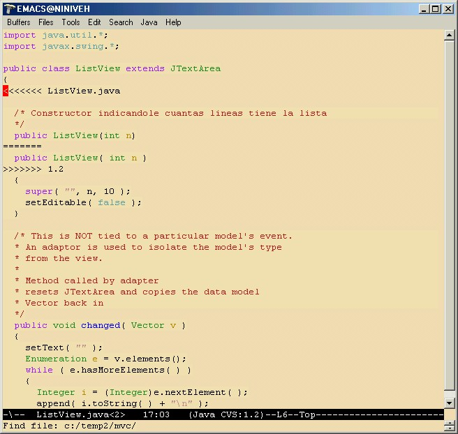 emacs editando el
archivo con las dos versiones.